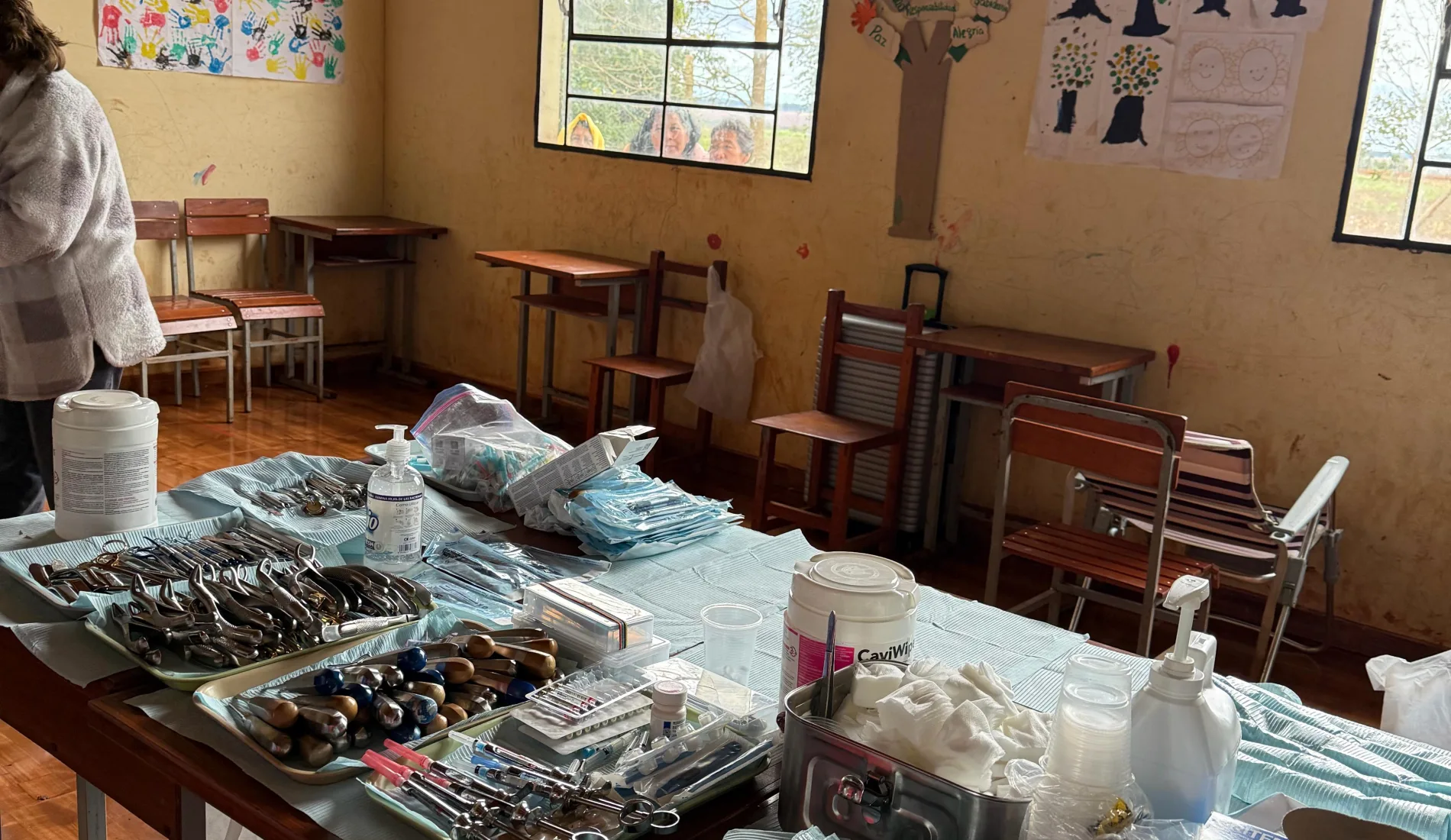 Sterilized dental instruments laid out in a Paraguay classroom converted into a mission clinic